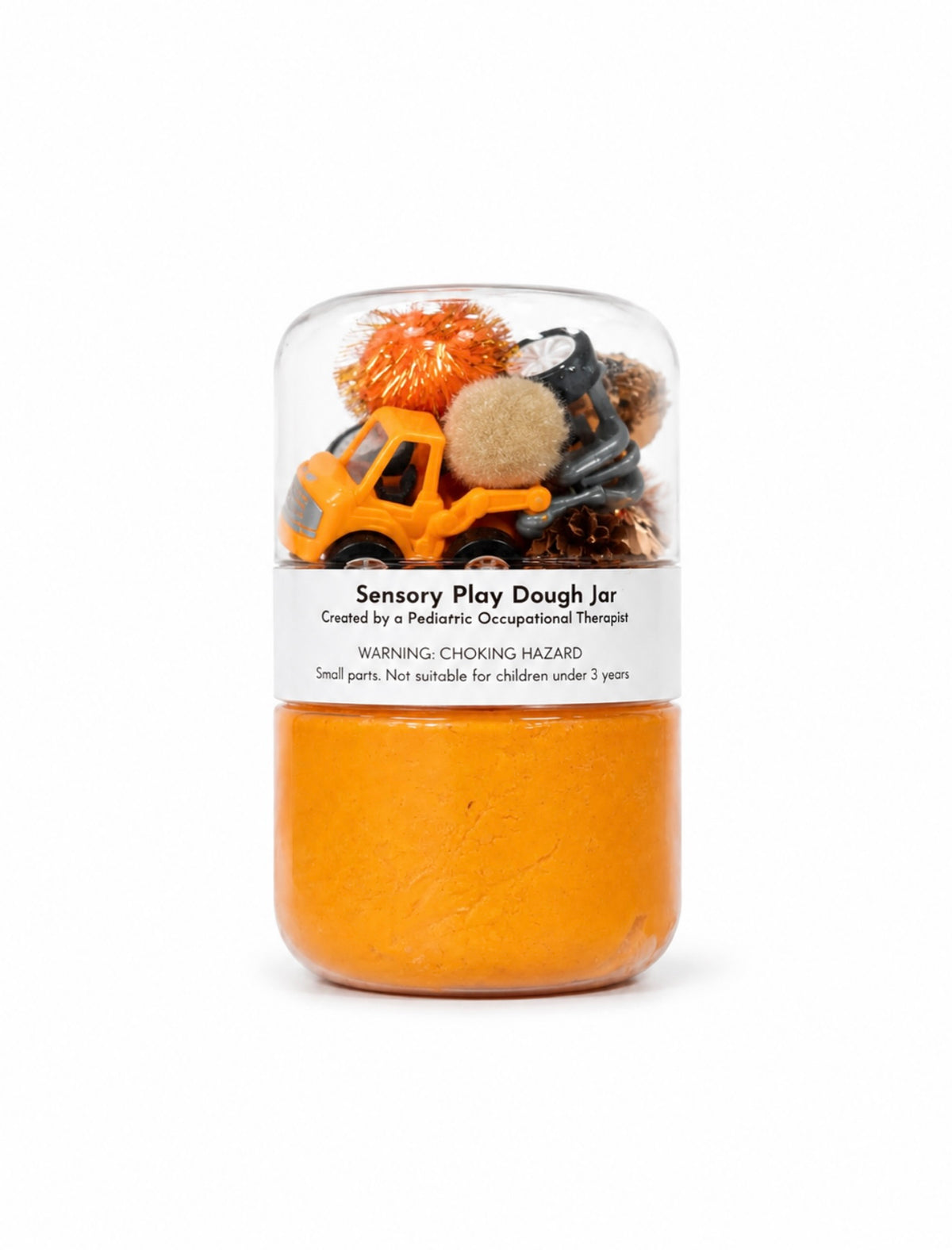 Construction sensory jar contents including playdough and mini tools