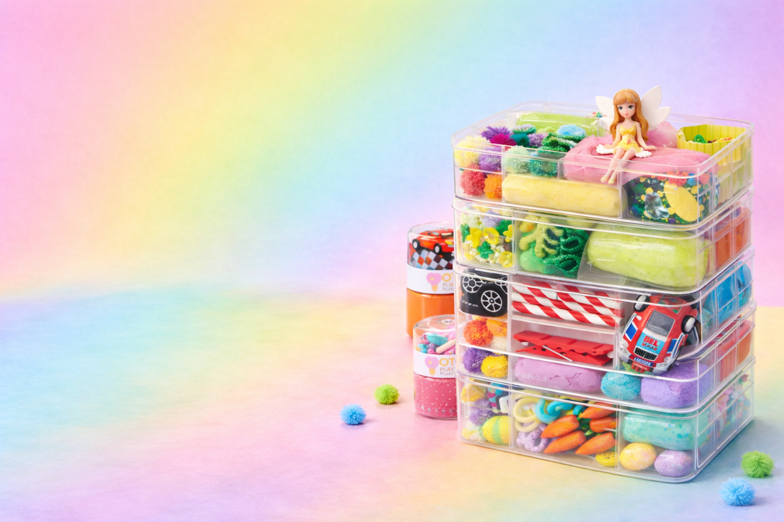 Clear plastic storage box with colorful toys and items on a rainbow gradient background