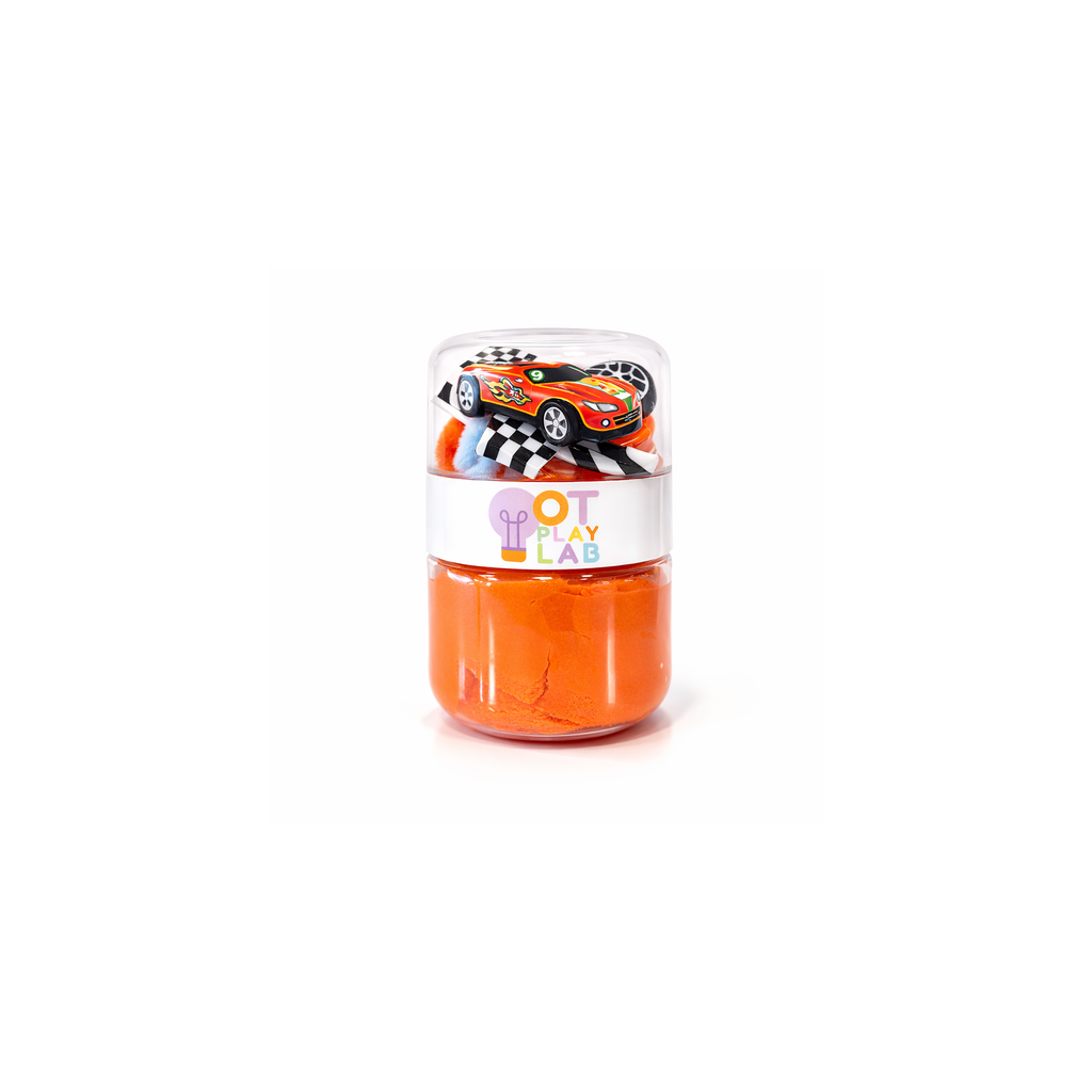 Toy car therapist-designed sensory playdough jar for fine motor development and hand strength