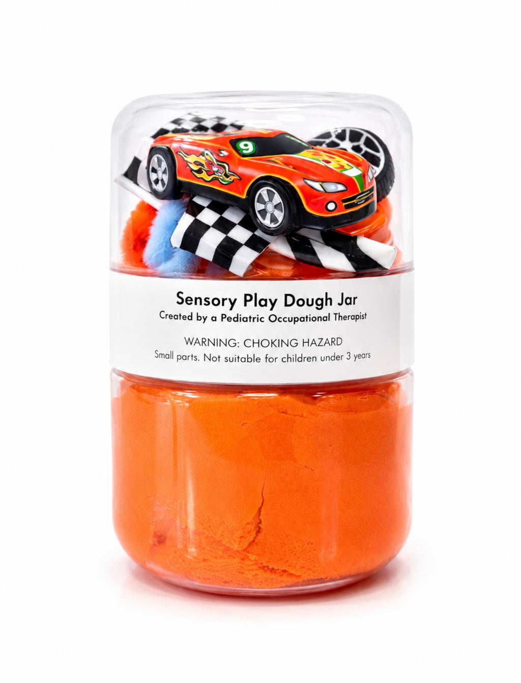 Race car sensory playdough jar, fine motor toy for toddlers