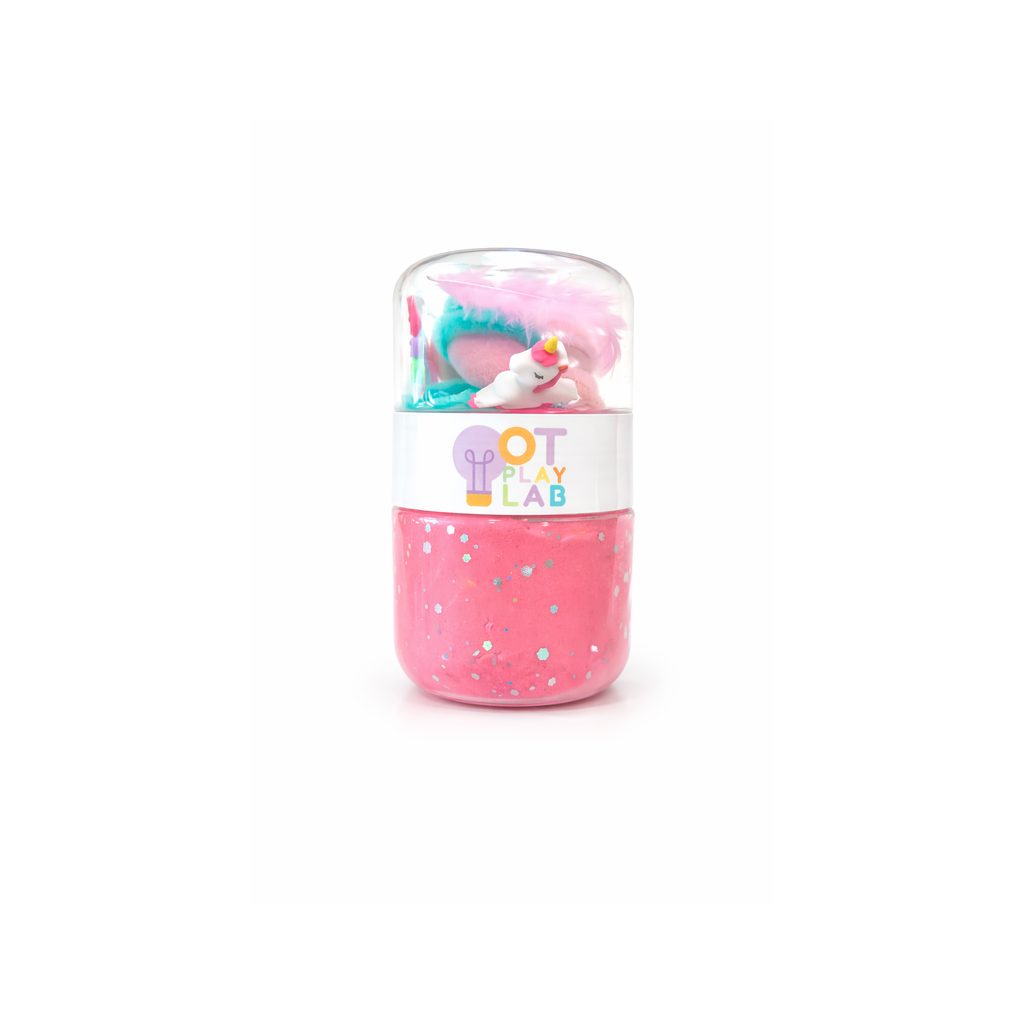 Pink toy with a unicorn design therapist-designed sensory playdough jar for fine motor development and hand strength