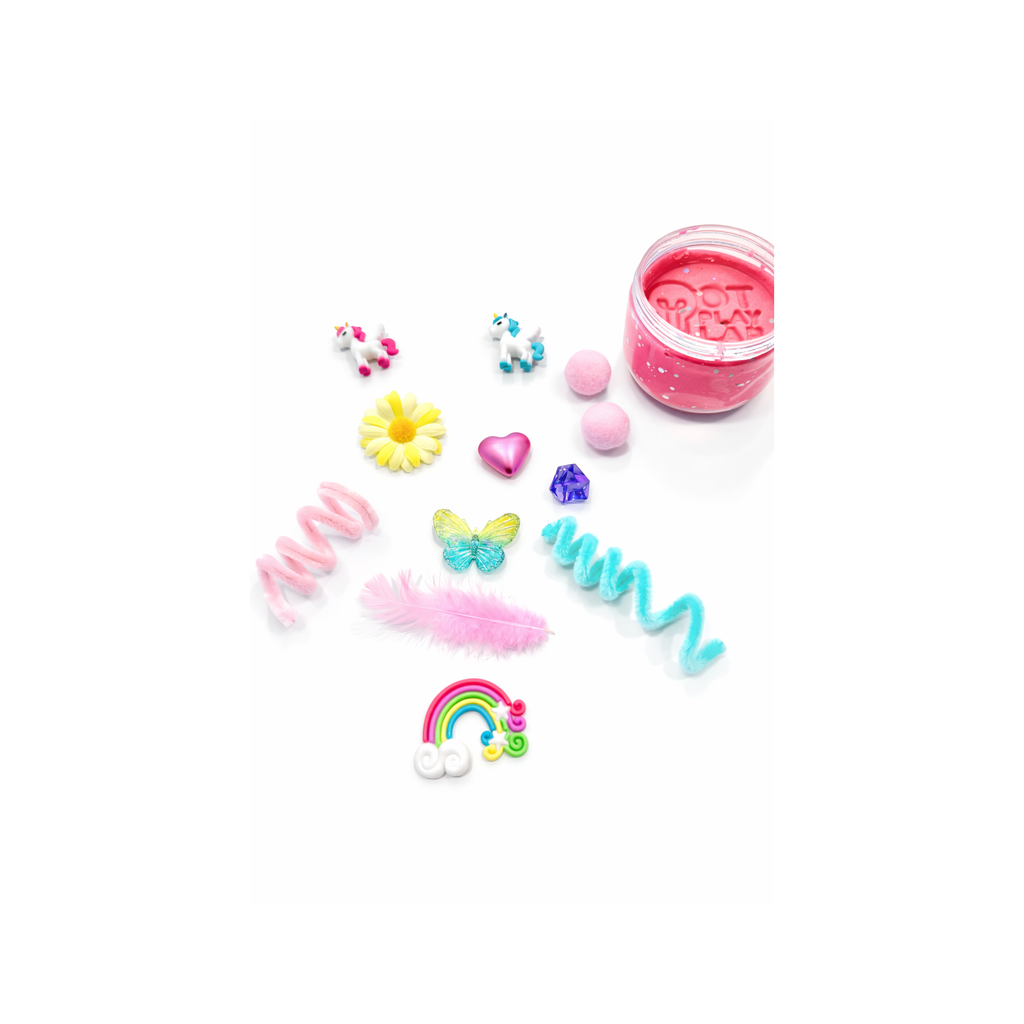 Unicorn themed therapist-designed sensory playdough jar for fine motor development and hand strength